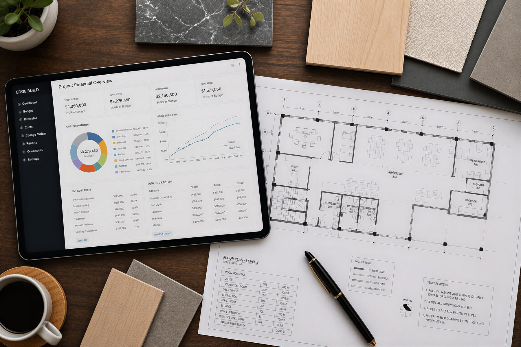 Project cost dashboard beside the floor plan and finish samples